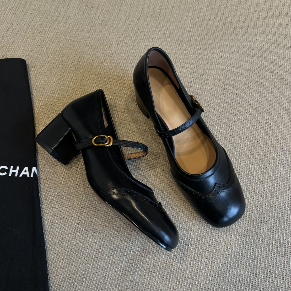 羊皮版~玛丽珍鞋女夏真皮法式雕花擦色圆头浅口一字扣粗跟小单鞋