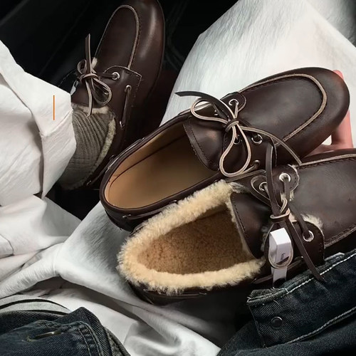 羊皮版~加绒乐福鞋女平底百搭一脚蹬蝴蝶结休闲工作小皮鞋豆豆鞋