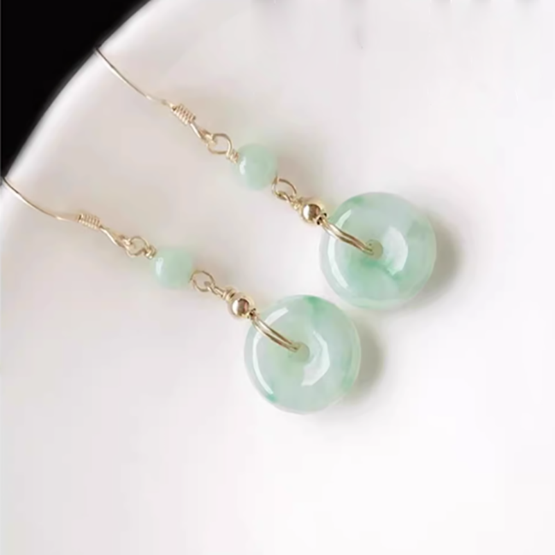 缅甸天然a货翡翠耳环冰种满色正阳绿精品玉耳坠平安扣玉石耳饰品