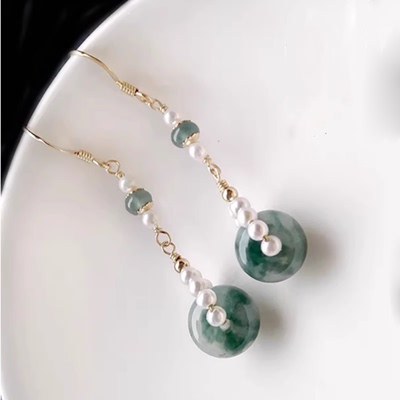 缅甸天然A货翡翠平安扣耳环珍珠翡翠耳坠玉石甜甜圈新中式耳饰