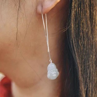 翡翠耳环耳坠A货佛公耳坠925银镶嵌耳线天然玉石小佛耳钉耳饰清仓