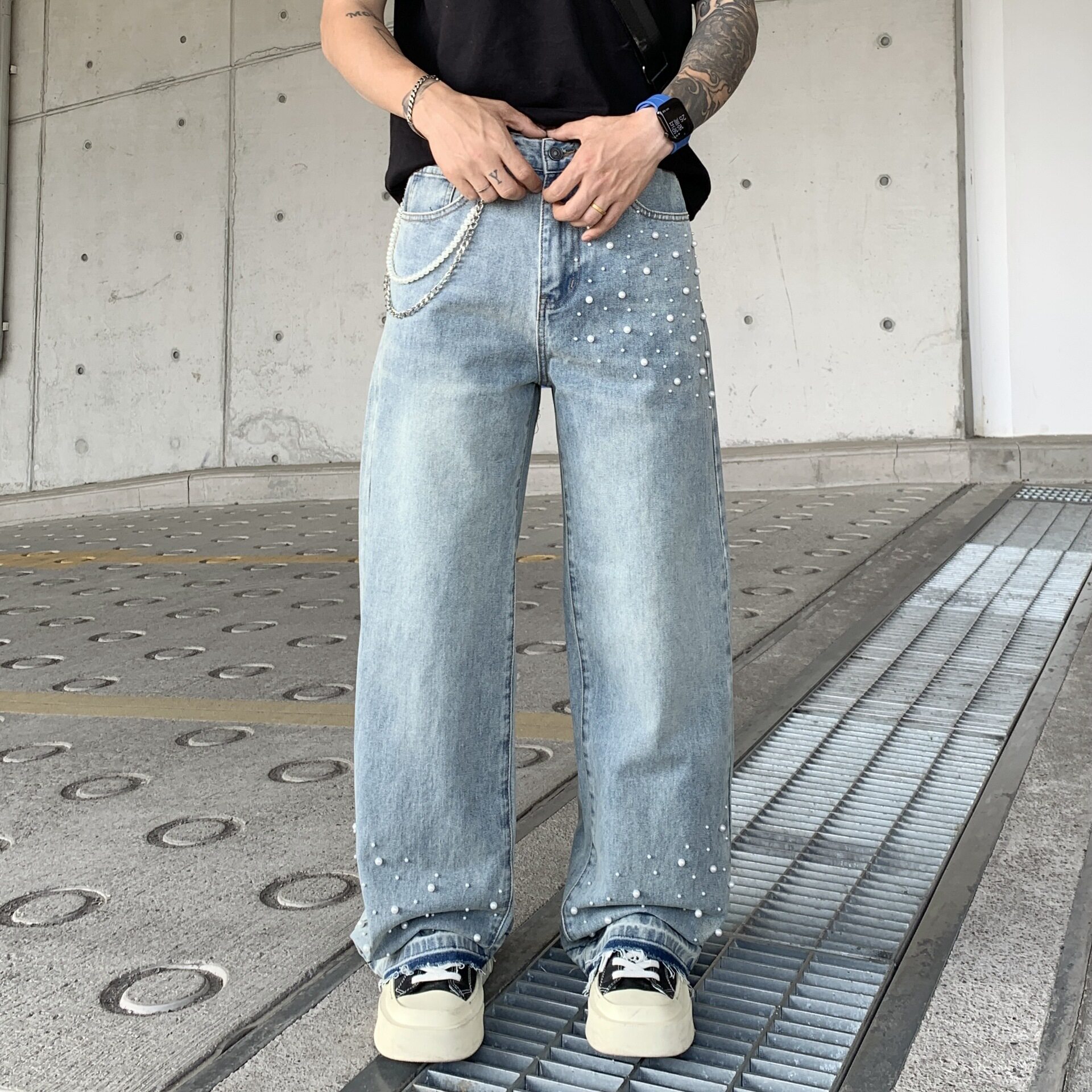 美式男秋季设计感时尚钉珠牛仔裤高街宽松休闲烫钻潮牌直筒阔腿裤