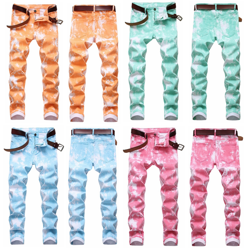 糖果色牛仔裤男秋冬韩版彩绘印花弹力修身小脚粉色亮色潮男长裤子