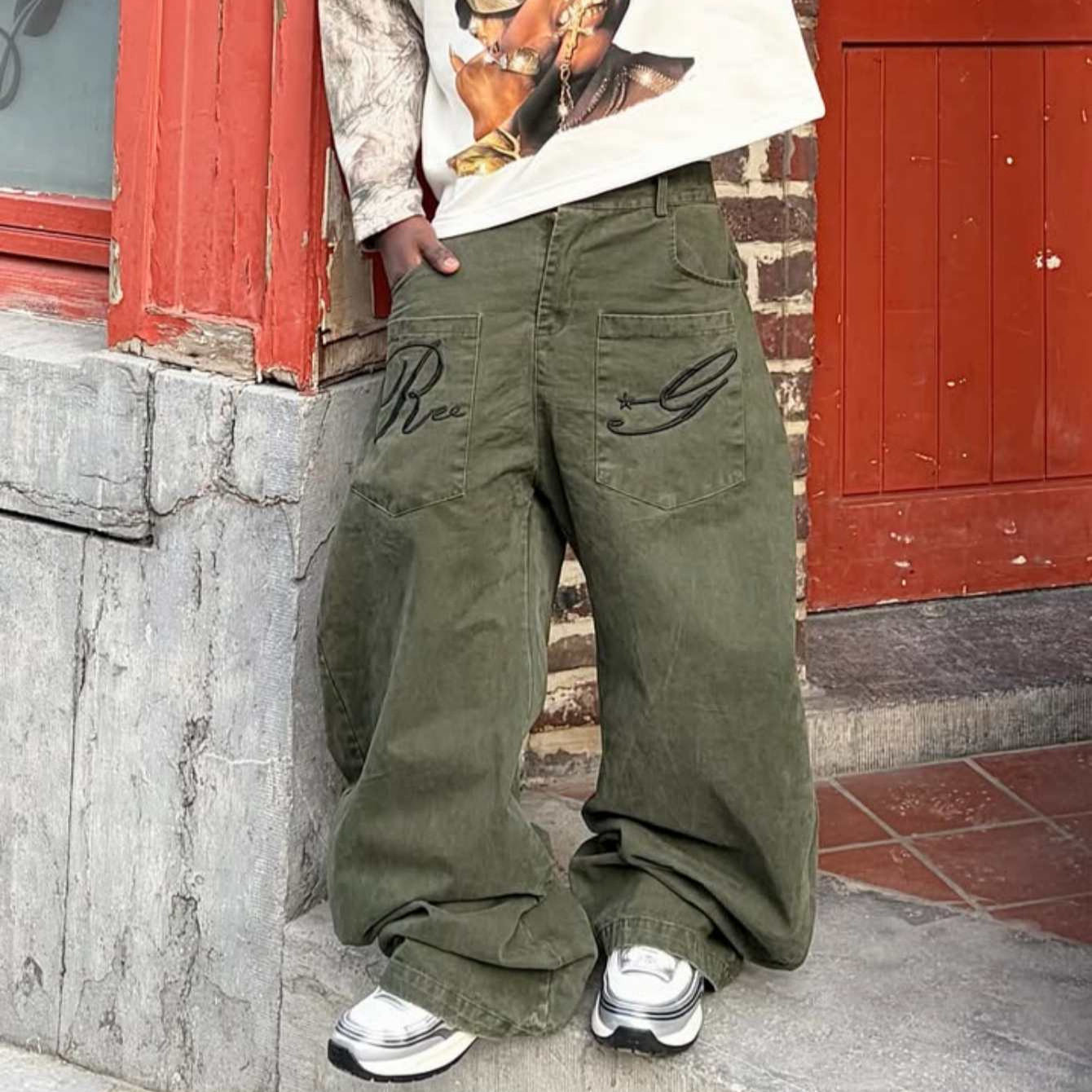 反穿刺绣口袋工装裤美式复古牛仔裤男女夏款高个子阔腿弯刀长裤潮