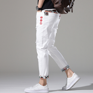 薄款破洞白色牛仔裤秋季弹力修身刺绣水洗潮牌九分直脚长裤子国潮