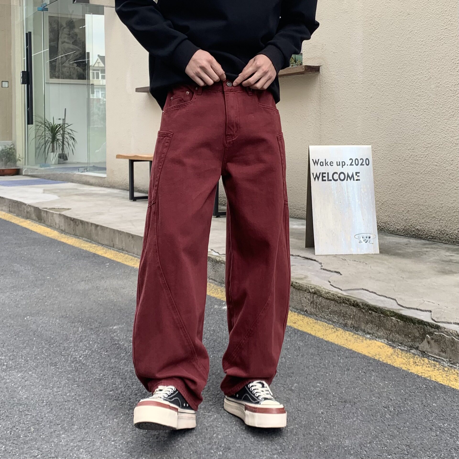 巴黎风格弯刀牛仔裤男秋季阔腿cleanfit美式宽松直筒休闲工装裤子