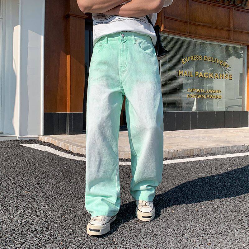美式vibe牛仔裤男女宽松休闲直筒百搭长裤潮街潮荧光绿薄荷绿水洗