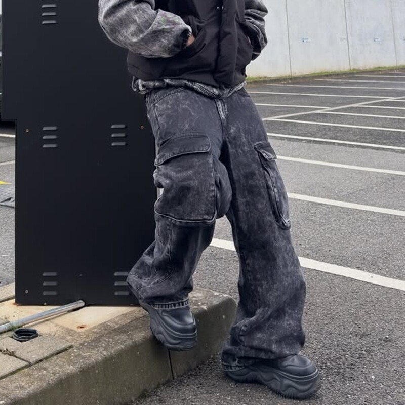 美式高街设计感工装牛仔裤男春秋款复古直筒宽松垂感阔腿裤多口袋