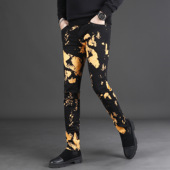 男式 泼墨撞色潮修身 百搭男裤 潮牌高级感牛仔裤 黑色印花牛仔裤 弹力