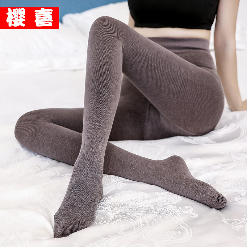 秋冬加薄绒春秋中厚棉竖条纹螺纹焦糖色外穿打底裤保暖裤连裤袜女