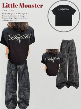 美式oversize刺绣字母黑色短袖T恤少女14-17岁早春穿搭两件套装潮