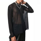 T恤 镂空透视网纱长袖 美拉德系男模服装 纱网黑丝打底上衣宽松夏季