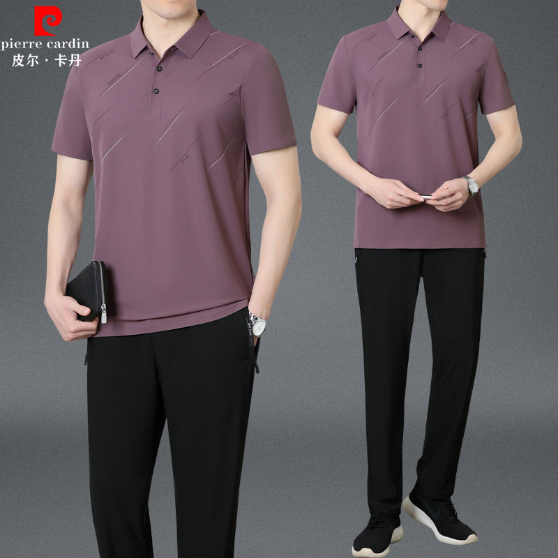 皮尔卡丹爸爸冰丝夏装套装中老年休闲运动服男士父亲夏季短袖t恤