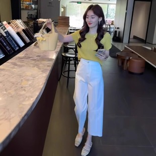 阔腿裤 RIERA夏日ootd穿搭套装 T恤窄版 2025新款 两件女 黄色针织短袖