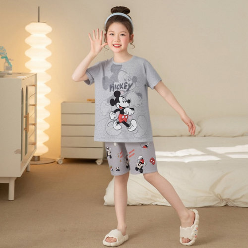 儿童睡衣夏季冰丝薄款双短套装女孩中大童家居服凉感套头卡通图案
