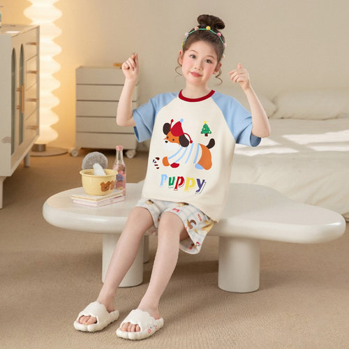 儿童睡衣夏季冰丝薄款双短套装女孩中大童家居服凉感套头卡通图案