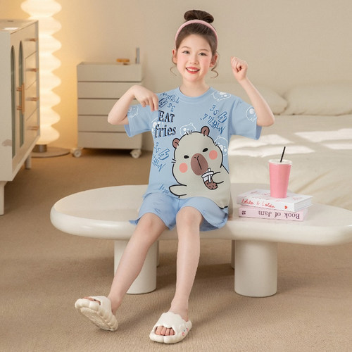 儿童睡衣夏季冰丝薄款双短套装女孩中大童家居服凉感套头卡通图案