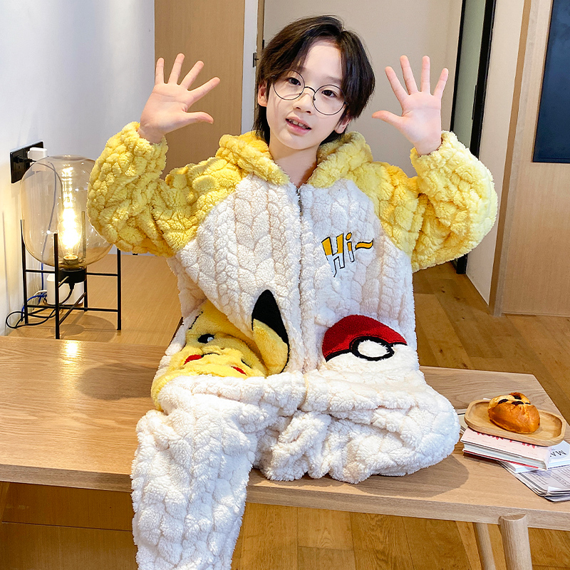 皮卡丘拉链连体衣宝宝儿童睡衣男孩卡通法兰珊瑚绒亲子家居服女孩