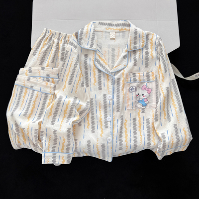 儿童睡衣长袖开衫KT猫翻领薄款春秋宝宝云朵棉卡通男童女孩家居服