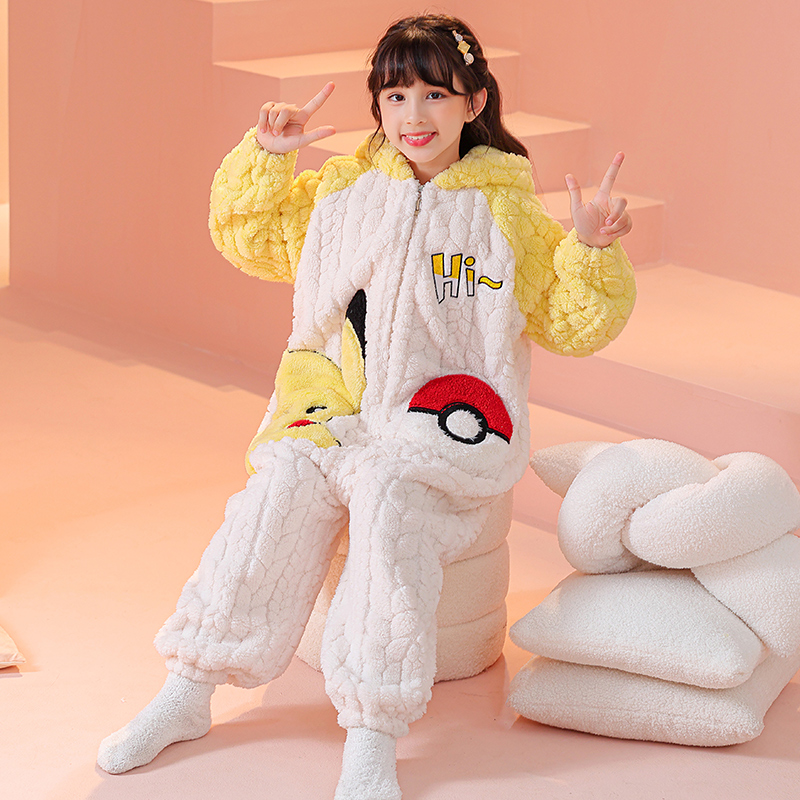 珊瑚绒保暖连体衣宝宝儿童睡衣皮卡丘男女孩卡通法兰家居服亲子装