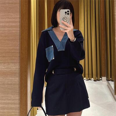 2025早秋新款女装气质宽松V型牛仔翻领针织卫衣SFPPU02624