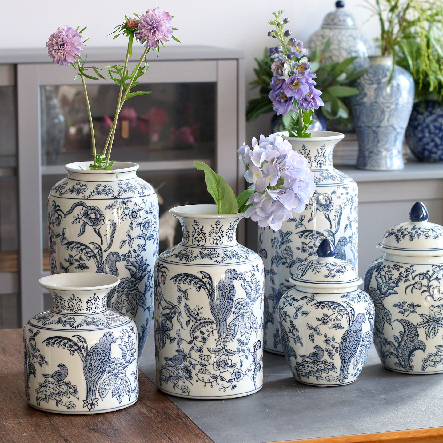 清汤卧果 青花鹦鹉纹陶瓷花瓶复古水培插花摆件客厅装饰家居饰品