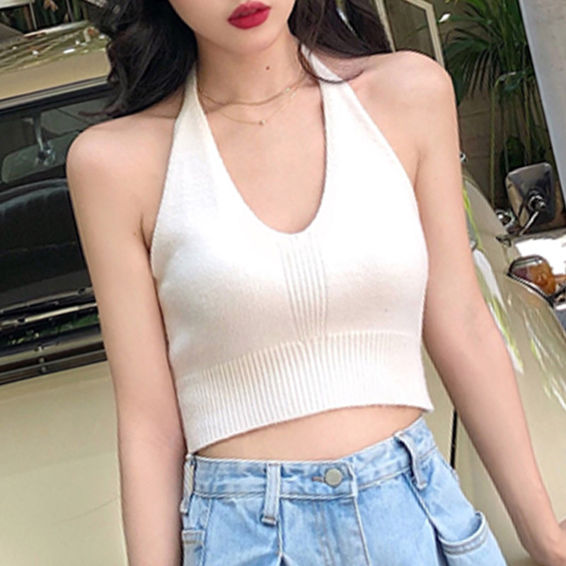 网红夏季泫雅蹦迪海边吊带背心女内搭性感挂脖露背短款外穿上衣潮