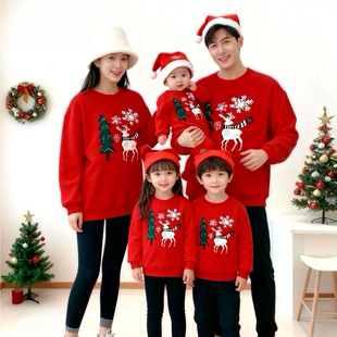 圣诞亲子装一家三口婴儿红色母子母女装2025新款秋冬韩版加绒卫衣