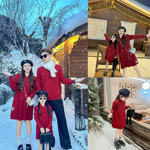 中式红色过年亲子装冬装一家三口婴儿毛衣炸街母女装裙子拜年服