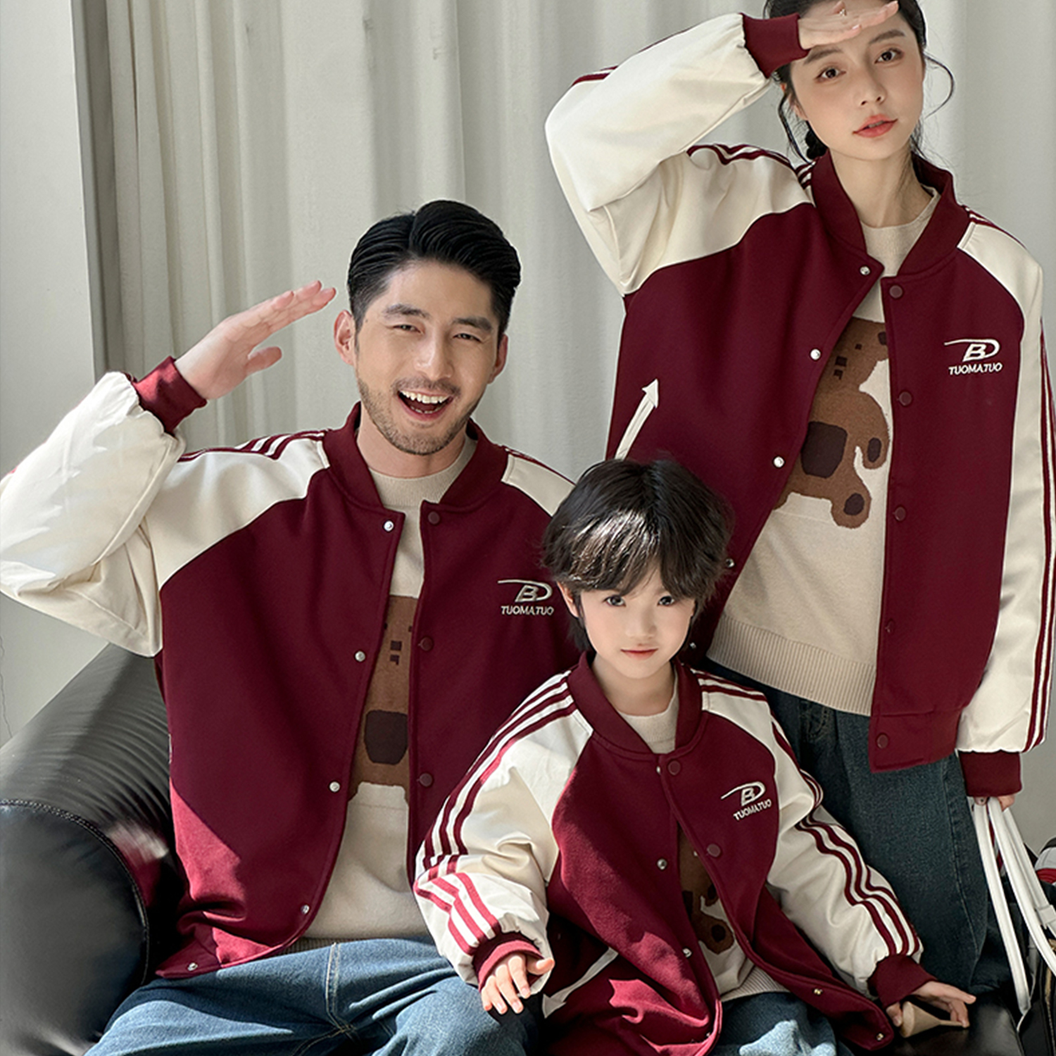 棒球服亲子装外套一家三口秋冬加厚开衫2025新款母女母子夹克棉衣