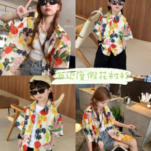 海边度假亲子装花衬衫一家三口2025新款夏威夷雪纺母女装夏季短袖