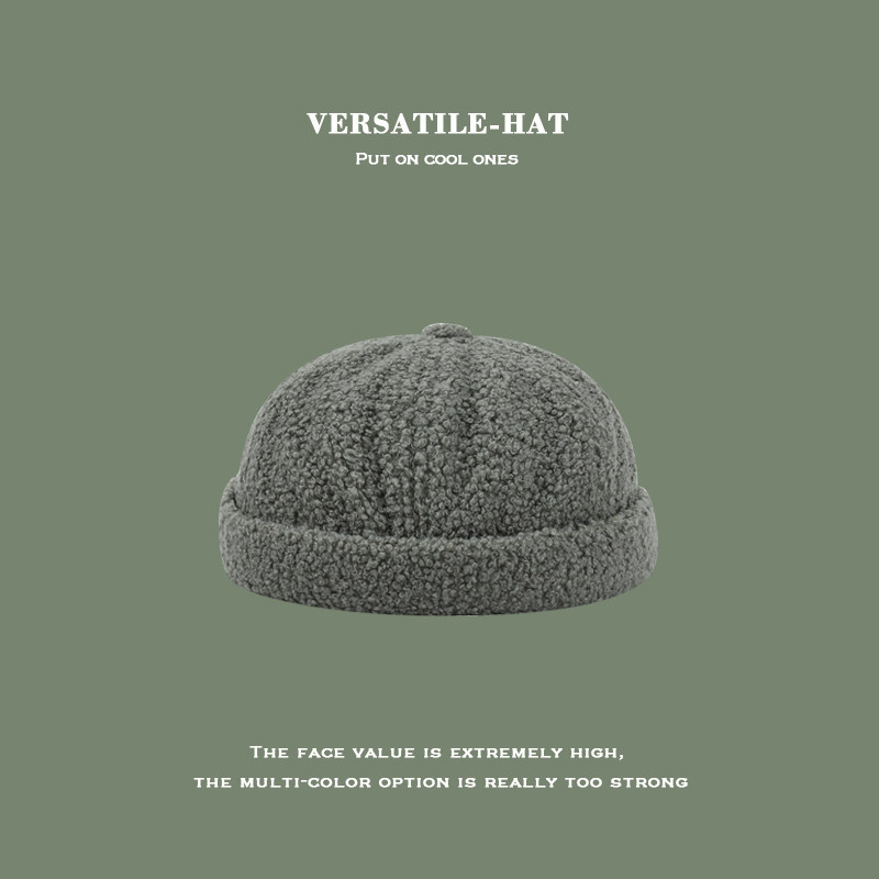 嘻哈羊羔毛美式无檐墨绿瓜皮帽