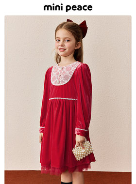【时尚系列】minipeace太平鸟童装女童连衣裙新年红色丝绒儿童裙