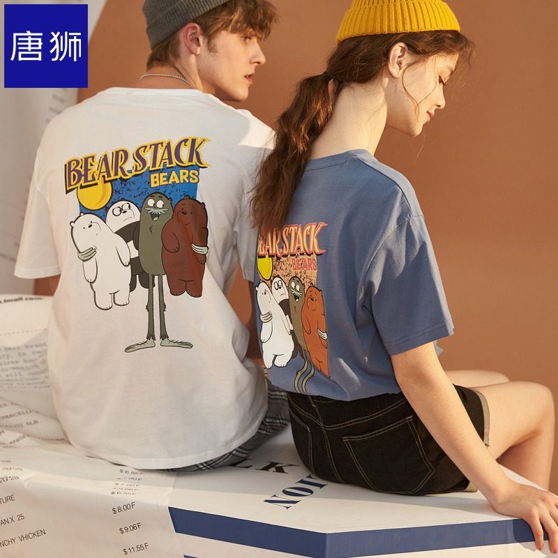 唐狮官方旗舰店夏新款短袖T恤情侣男前后印花体恤女学生ins宽松潮