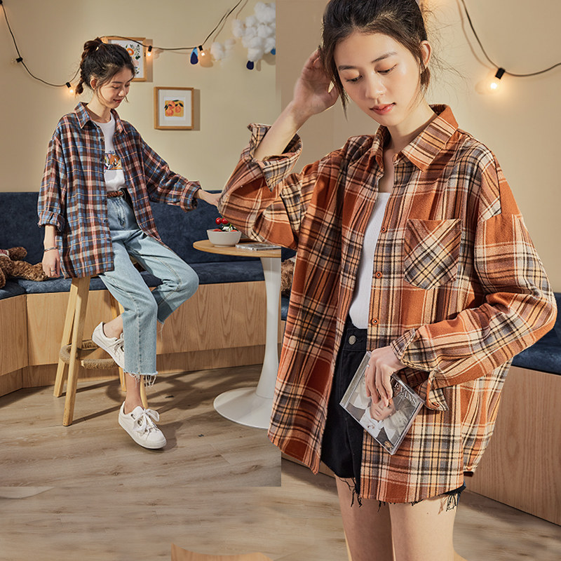 唐狮旗舰店2020年秋新款长袖格子衬衫女港风复古宽松衬衣外套上衣