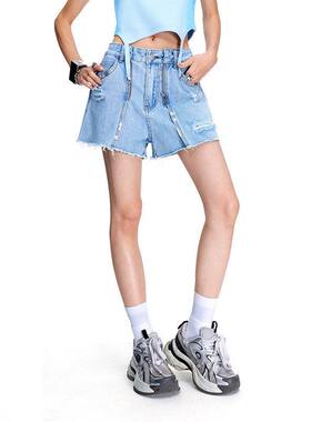 拓谷 高腰牛仔短裤女夏季设计感显瘦辣妹a字短裤美式宽松阔腿热裤
