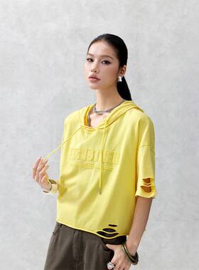拓谷连帽短袖t恤女夏季女装新款宽松半袖休闲显瘦破洞上衣潮牌T恤