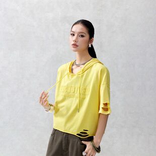 拓谷连帽短袖t恤女夏季女装新款宽松半袖休闲显瘦破洞上衣潮牌T恤