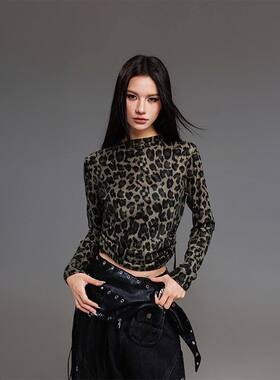 拓谷辣妹欧美风豹纹打底衫秋季女装新款抽褶紧身显瘦长袖上衣ins