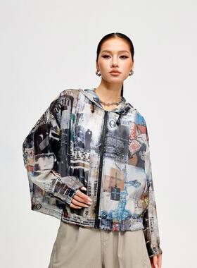 拓谷潮牌设计感印花连帽薄款外套女装春款雪纺衫夏季透气防晒上衣