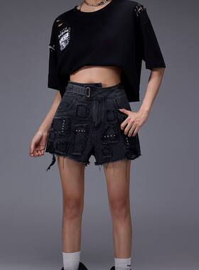 拓谷美式潮牌水洗做旧破洞牛仔短裤女装夏季新款辣妹高腰显瘦热裤