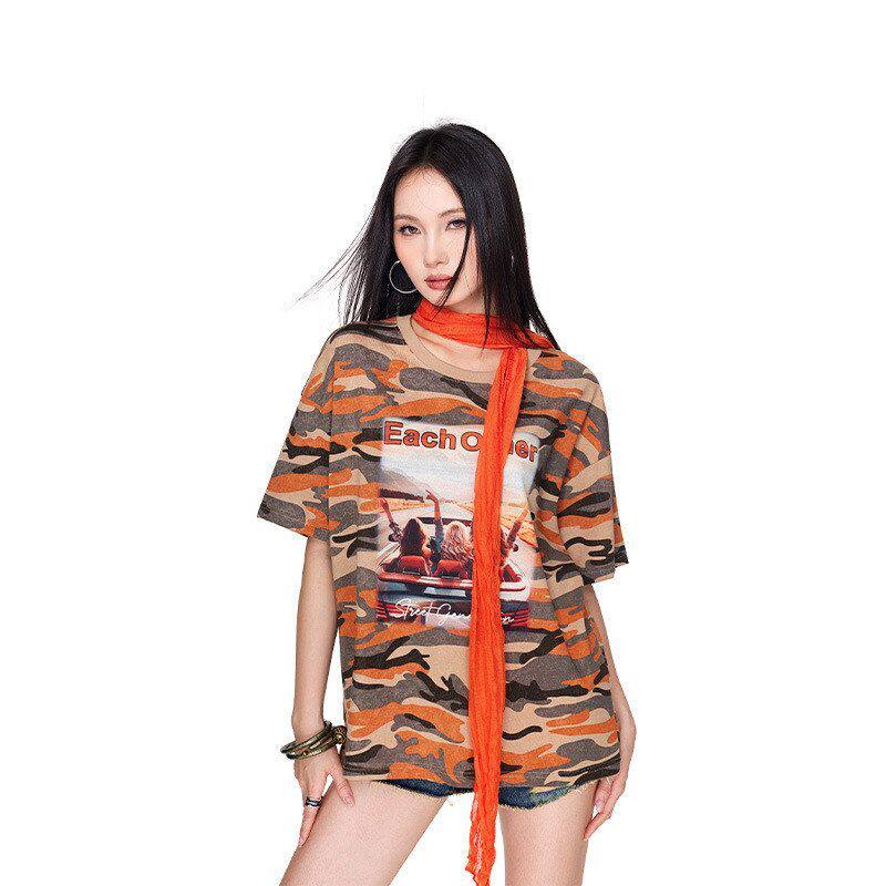拓谷潮牌美式辣妹迷彩t恤短袖女夏季嘻哈街舞宽松女装新款上衣服