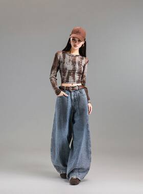 拓谷美式设计感喷脏牛仔裤女秋季新款潮牌辣妹甜酷风阔腿弯刀长裤