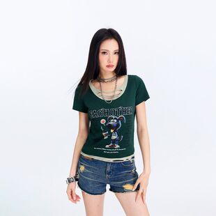 拓谷潮牌美式设计感破洞t恤印花短袖女款夏季女装新款辣妹上衣服