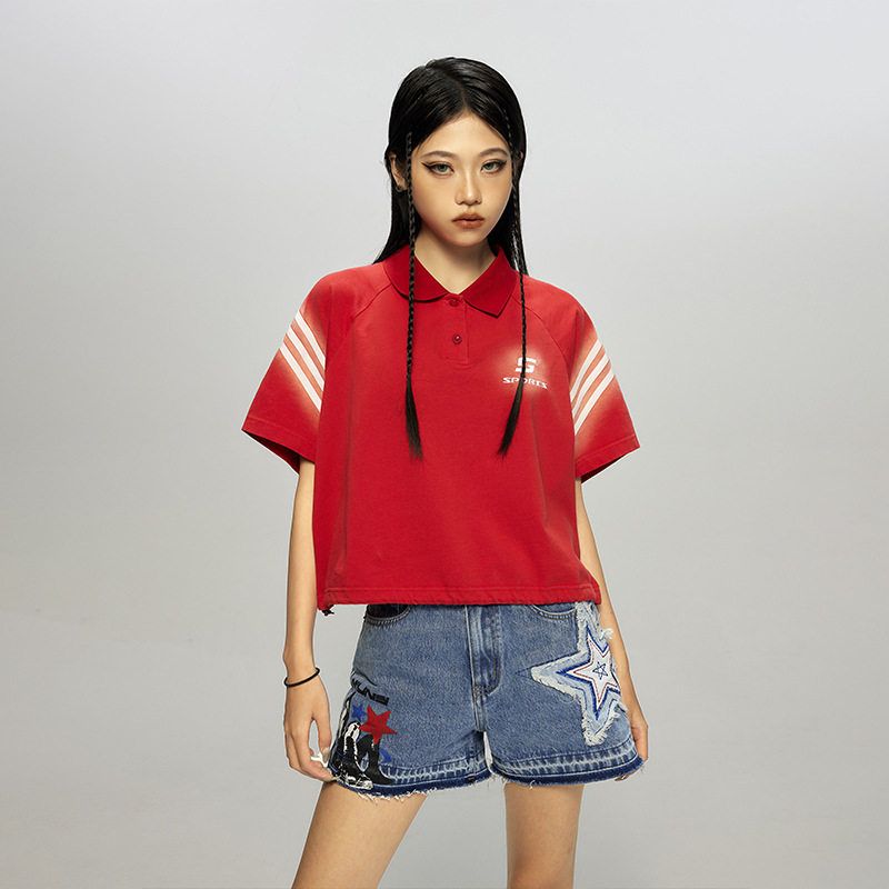 拓谷潮牌Polo领短袖T恤女纯棉2026夏季新款美式短款宽松刺绣上衣图片