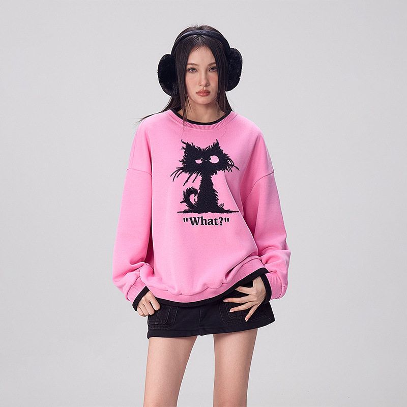 拓谷加绒加厚卫衣女款冬季新款潮牌设计感印花宽松慵懒中长款上衣