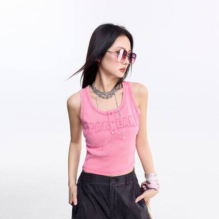 拓谷辣妹吊带做旧刺绣字母工字背心女修身显瘦内搭外穿短款上衣夏