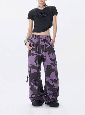 拓谷美式潮牌迷彩多口袋工装裤女甜酷风街舞裤子嘻哈阔腿休闲长裤