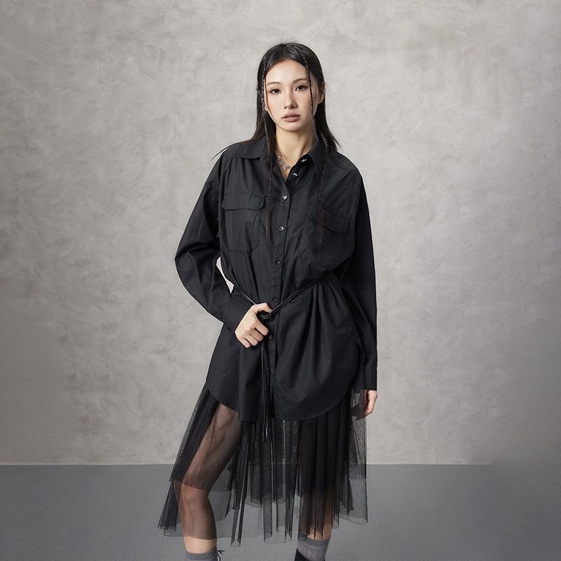 拓谷潮牌假两件网纱拼接衬衫连衣裙女2025春夏新款黑色长袖中长裙