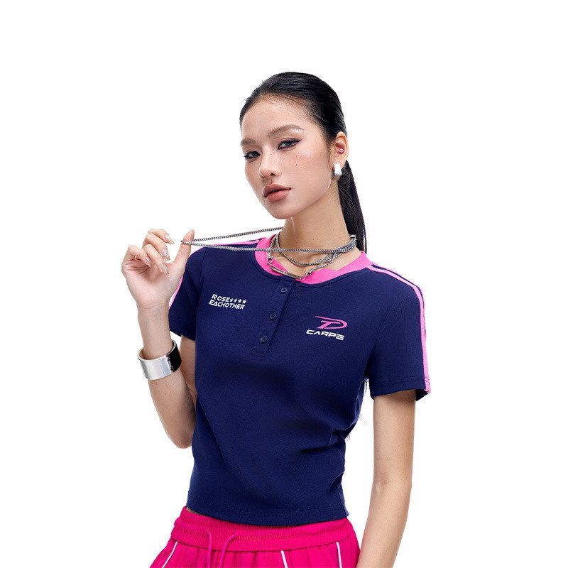 拓谷美式撞色条纹短袖t恤女夏修身显瘦亨利领短款独特漂亮小上衣图片
